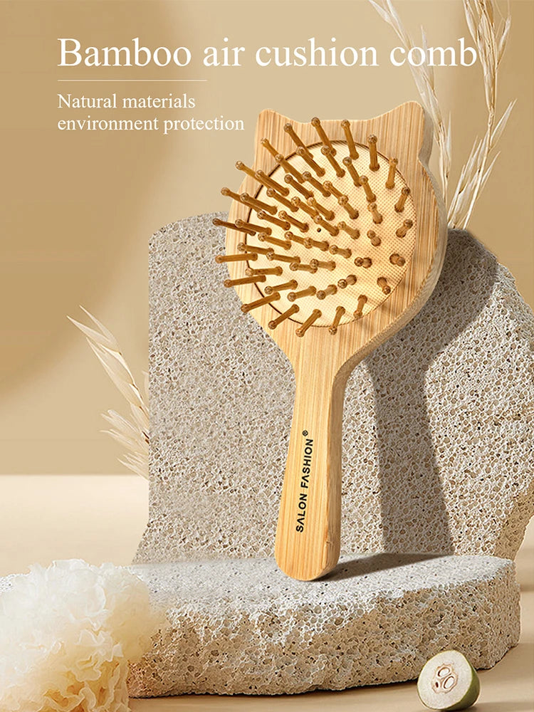 Bamboo Hair Brush - Natural Wooden Anti-Static Comb & Scalp Massager, Air Cushion Design for Detangling (Women/Men)